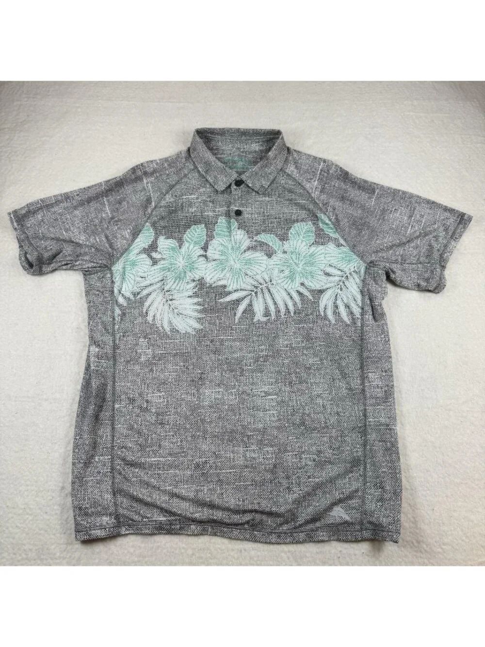 Tommy Bahama Polo Shirt Mens Size XL Gray IslandZone Hawaiian Floral Print